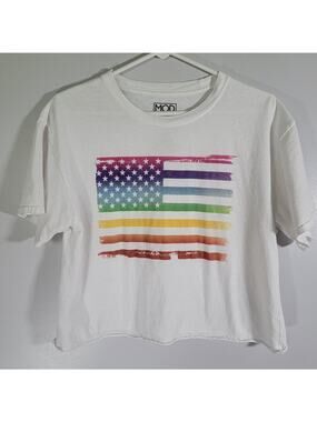 American Flag Crop Tee Modern Lux Patriotic White 100% Cotton T-Shirt Women's L